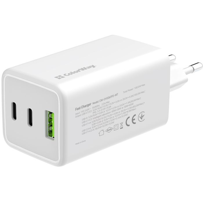 Зарядное устройство ColorWay C101B GaN Mini 100W PD PPS 2xUSB-C + USB-A white (CW-CHS061PD-WT) изображение 2