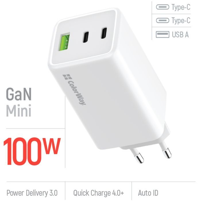 Зарядное устройство ColorWay C101B GaN Mini 100W PD PPS 2xUSB-C + USB-A white (CW-CHS061PD-WT) изображение 7