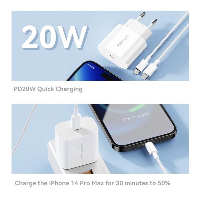 Зарядное устройство Essager USB-C PD20W + cable USB-C to Lightning white (EFJB02-XBL02-T) изображение 2