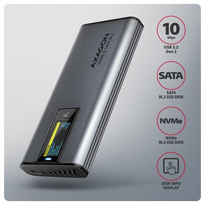 Кишеня зовнішня AXAGON USB-C 10Gbps metal box with info display for M.2 NVMe & SATA SSD (EEM2-SD2) зображення 2