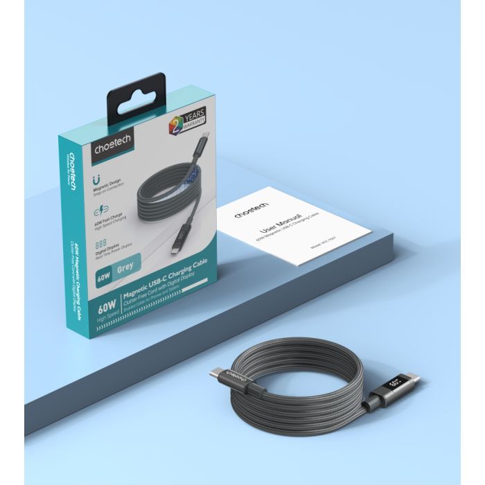 Дата кабель USB-C to USB-C 1.2m PD60W magnetic digital display nylon gray Choetech (XCC-1067-GY) изображение 2
