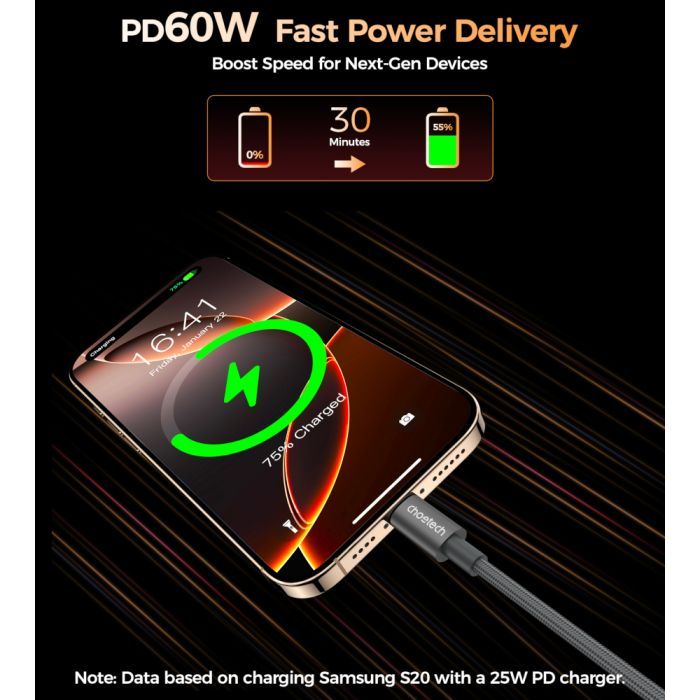 Дата кабель USB-C to USB-C 1.2m PD60W magnetic digital display nylon gray Choetech (XCC-1067-GY) изображение 3