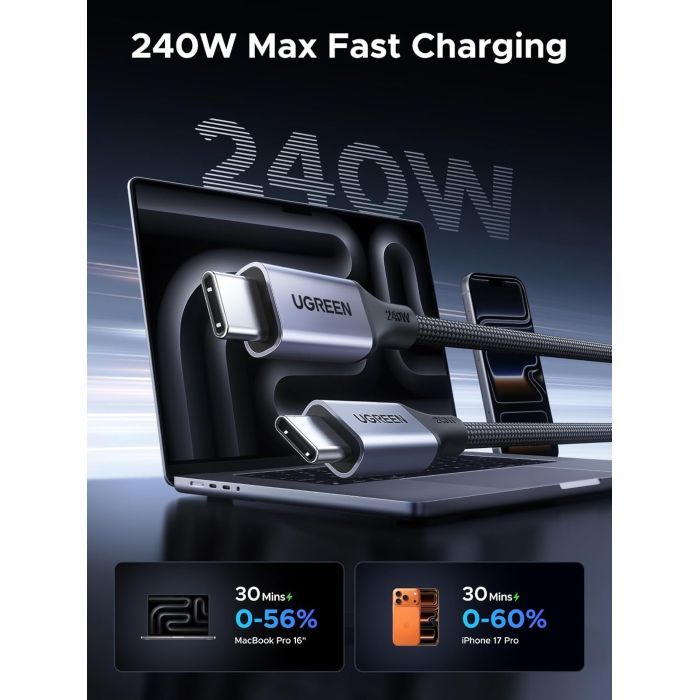 Дата кабель USB-C to USB-C 1.0m 240W 480Mbps braided black Ugreen (85973) изображение 2
