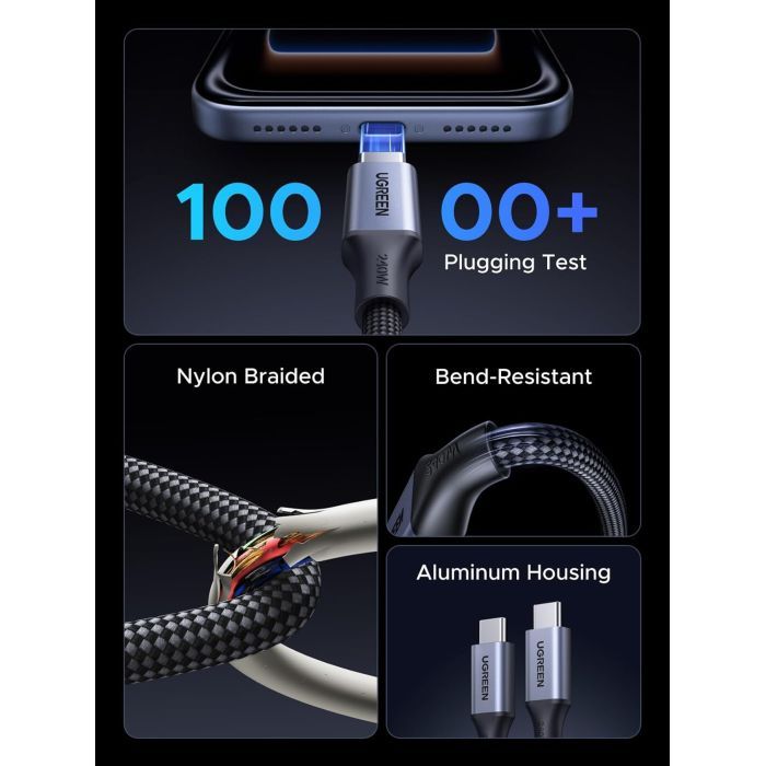 Дата кабель USB-C to USB-C 1.0m 240W 480Mbps braided black Ugreen (85973) изображение 5