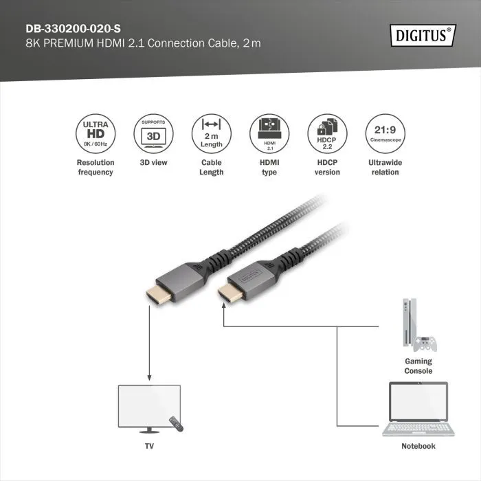 Кабель мультимедийный HDMI M to HDMI M 2.0m V2.1 8K60Hz 48Gbps black Digitus (DB-330200-020-S) изображение 4