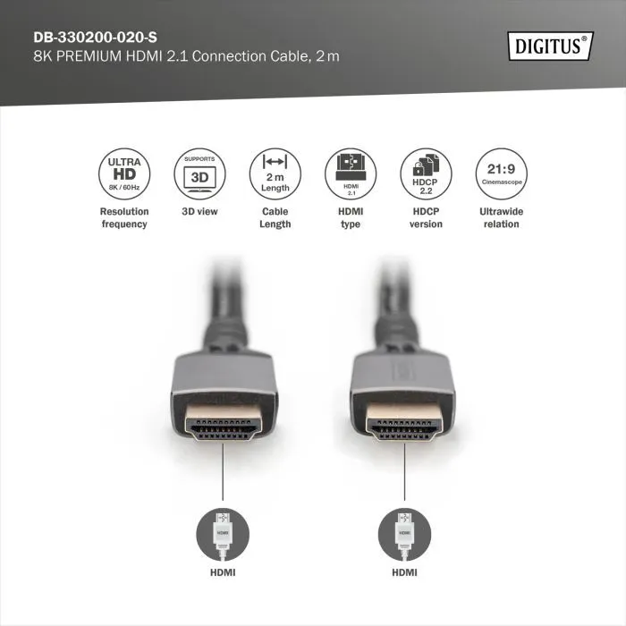 Кабель мультимедийный HDMI M to HDMI M 2.0m V2.1 8K60Hz 48Gbps black Digitus (DB-330200-020-S) изображение 5