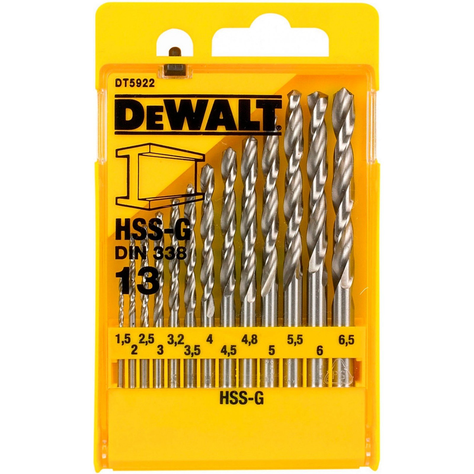 Набор сверл DeWALT HSS-G по металлу, 13шт, d=1,5-6,5мм. (DT5922)