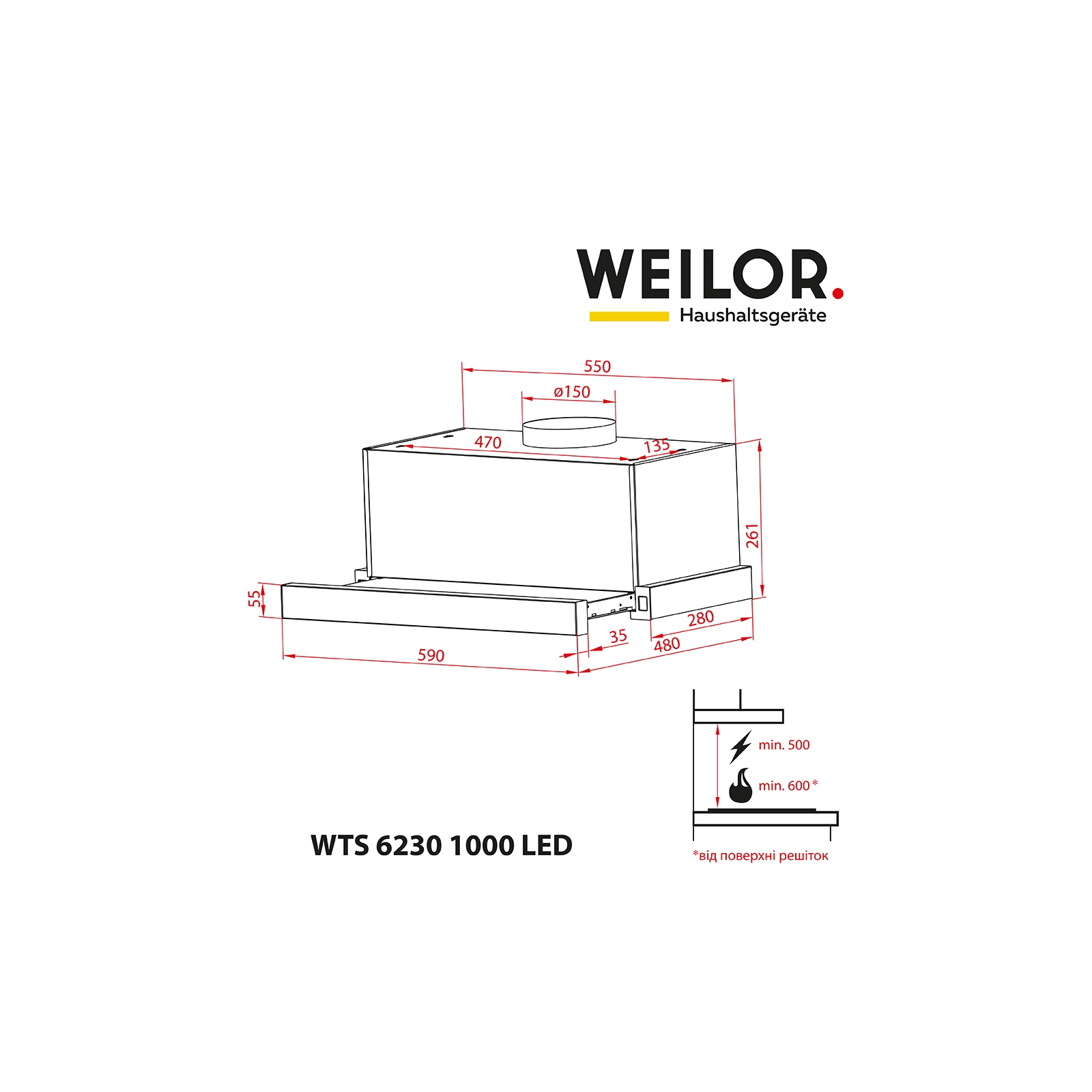 Вытяжка кухонная Weilor WTS 6230 BL 1000 LED strip изображение 2