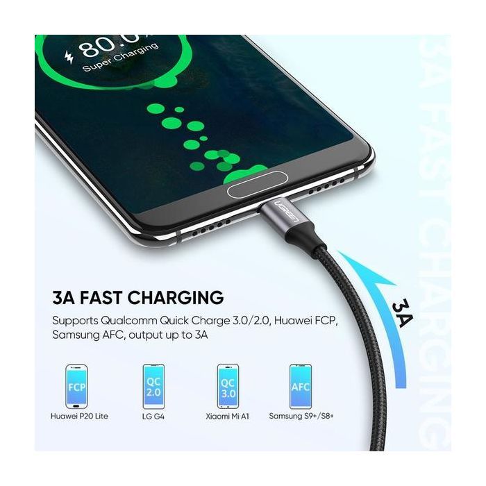 Дата кабель USB 2.0 AM to USB-C 1.5m US288 Aluminum Braid (Black) Ugreen (60127) изображение 2