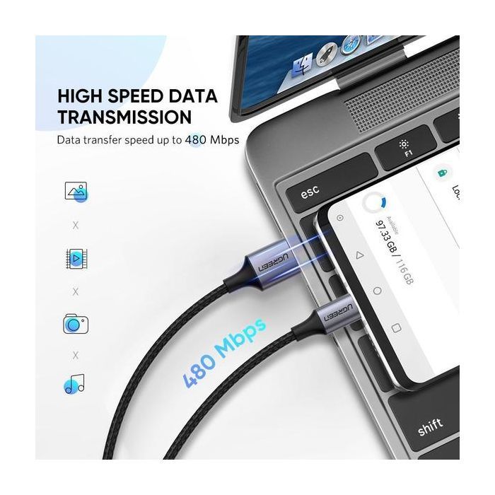 Дата кабель USB 2.0 AM to USB-C 1.5m US288 Aluminum Braid (Black) Ugreen (60127) изображение 3