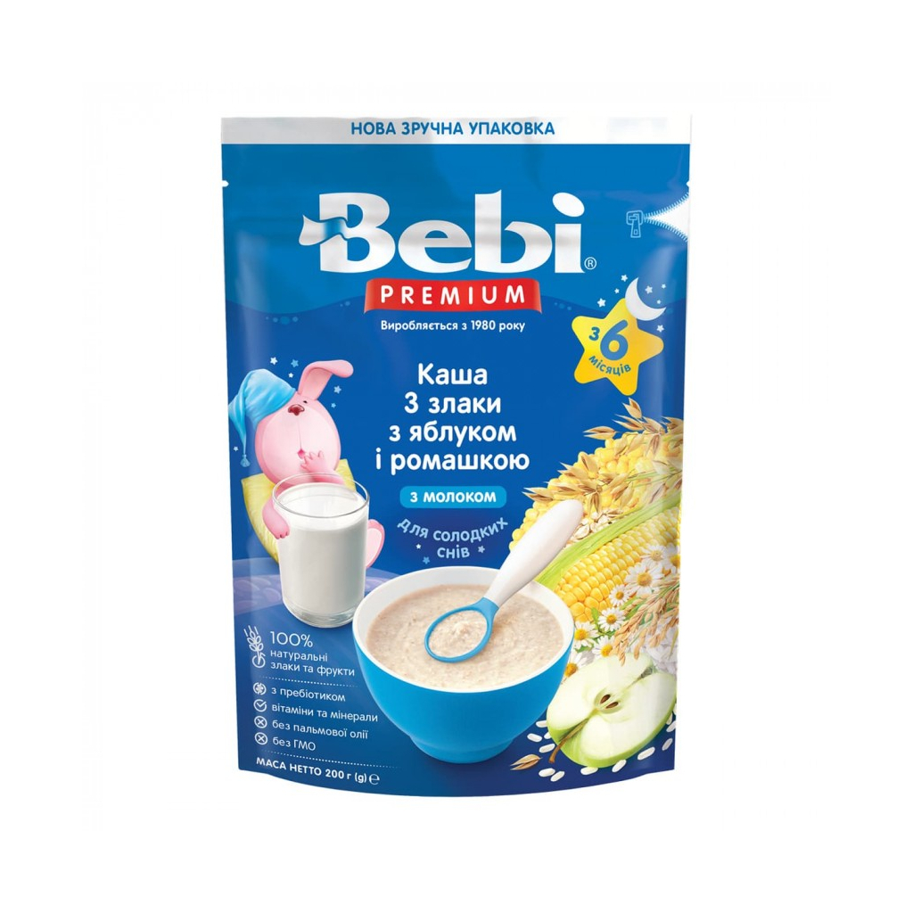 Детская каша Bebi Premium молочная 3 злака из яблок. ромаш. +6 мес. 200 г (8606019654399)