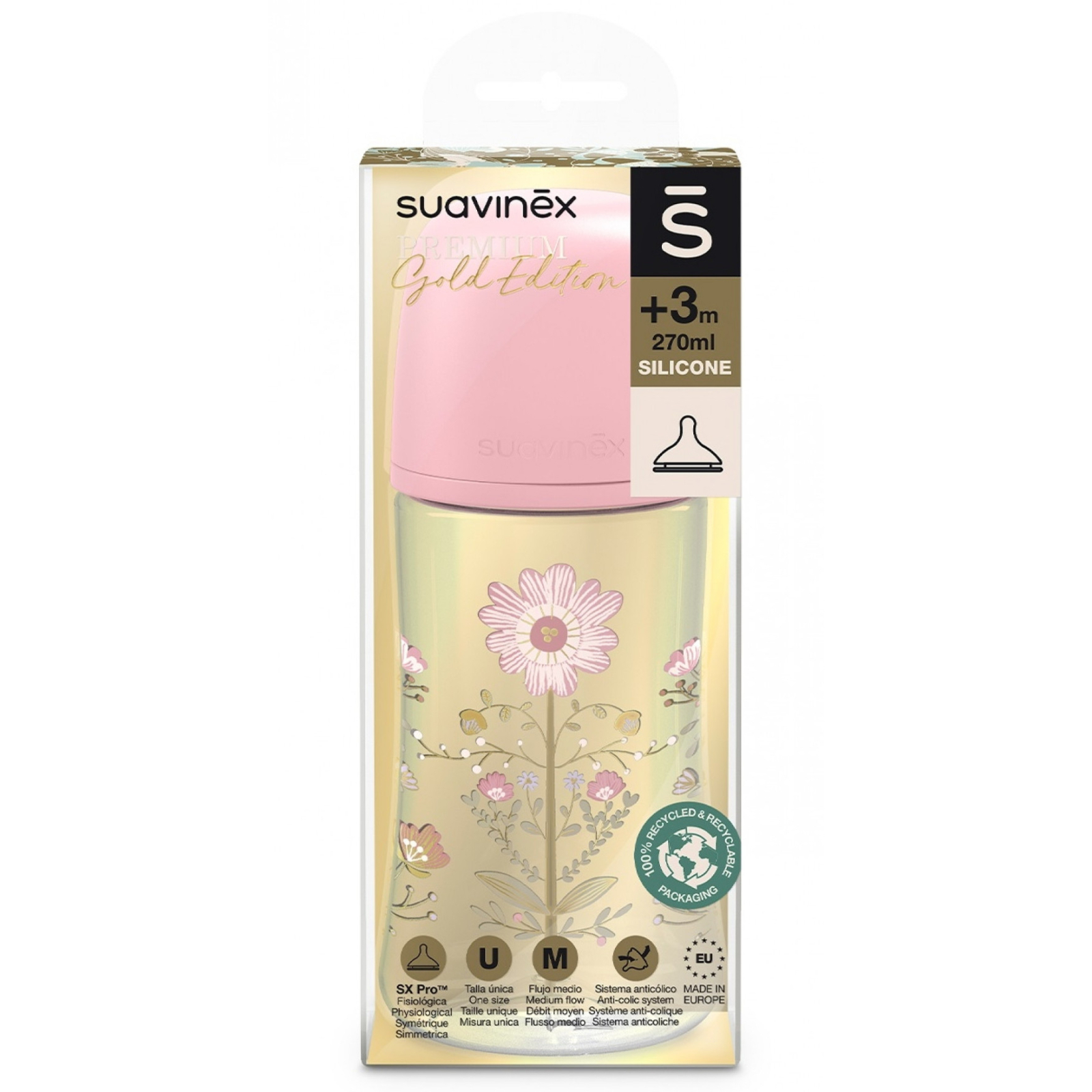 Пляшечка для годування Suavinex Gold Edition, повільний потік, 150 мл, рожева (307868) зображення 3