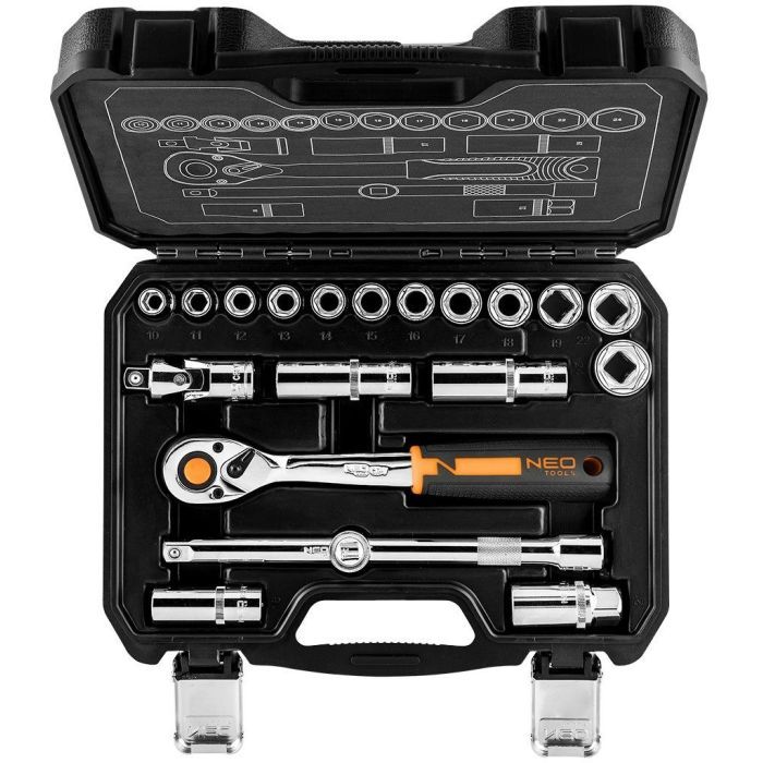Набір торцевих головок Neo Tools 20шт, 1/2", тріскачка 90 зубців, CrV, кейс (10-032N) зображення 2