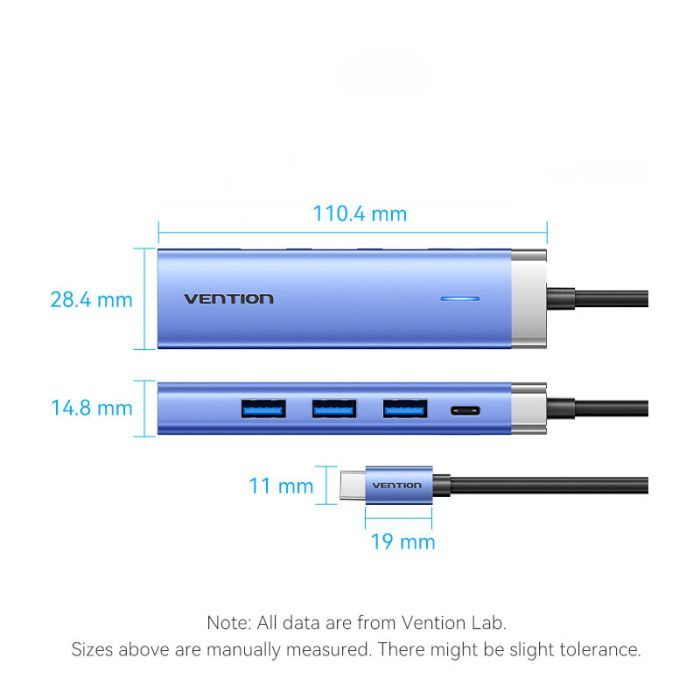 Концентратор Vention USB 3.1 Type-C to HDMI/USB 3.0x3/PD 100W Blue Aluminum Alloy Hub 5-in-1 (TGESB) зображення 11
