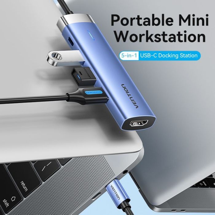 Концентратор Vention USB 3.1 Type-C to HDMI/USB 3.0x3/PD 100W Blue Aluminum Alloy Hub 5-in-1 (TGESB) зображення 2