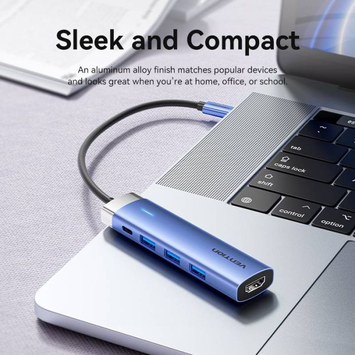 Концентратор Vention USB 3.1 Type-C to HDMI/USB 3.0x3/PD 100W Blue Aluminum Alloy Hub 5-in-1 (TGESB) зображення 3