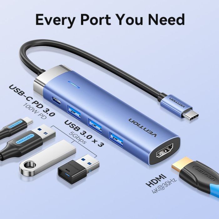 Концентратор Vention USB 3.1 Type-C to HDMI/USB 3.0x3/PD 100W Blue Aluminum Alloy Hub 5-in-1 (TGESB) зображення 4