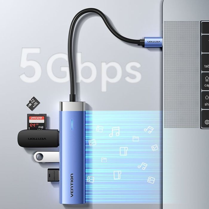 Концентратор Vention USB 3.1 Type-C to HDMI/USB 3.0x3/PD 100W Blue Aluminum Alloy Hub 5-in-1 (TGESB) зображення 6