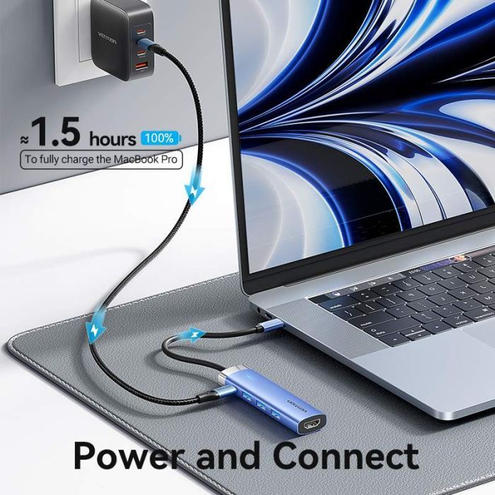 Концентратор Vention USB 3.1 Type-C to HDMI/USB 3.0x3/PD 100W Blue Aluminum Alloy Hub 5-in-1 (TGESB) зображення 7
