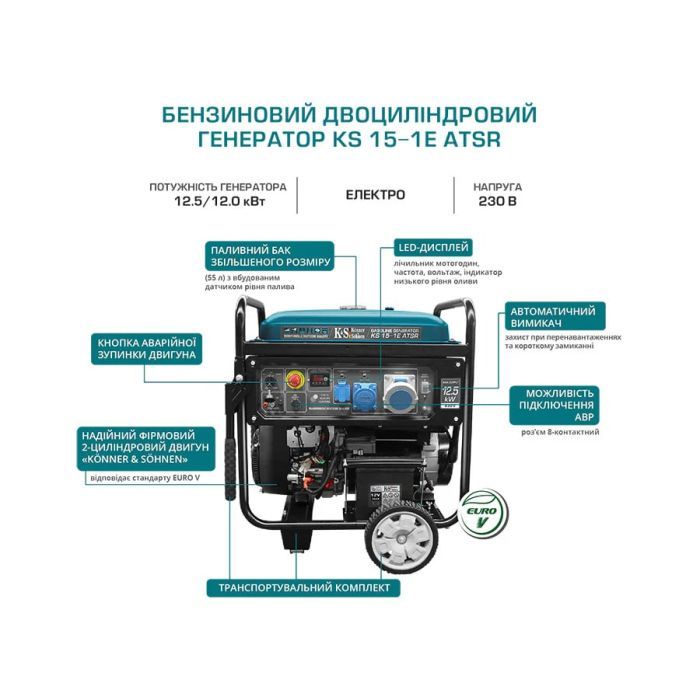Генератор Konner&Sohnen KS 15-1E ATSR, 230В, 12.5кВт, АВР(ATS), электростартер, 155кг (KS15-1EATSR) изображение 4
