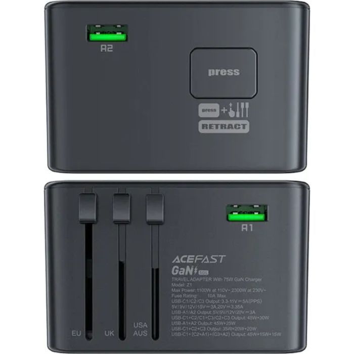 Зарядний пристрій Acefast 5xUSB 75W (3xUSB-C + 2xUSB-A) Gan Z1 Fast Charger (6974316282495) зображення 4