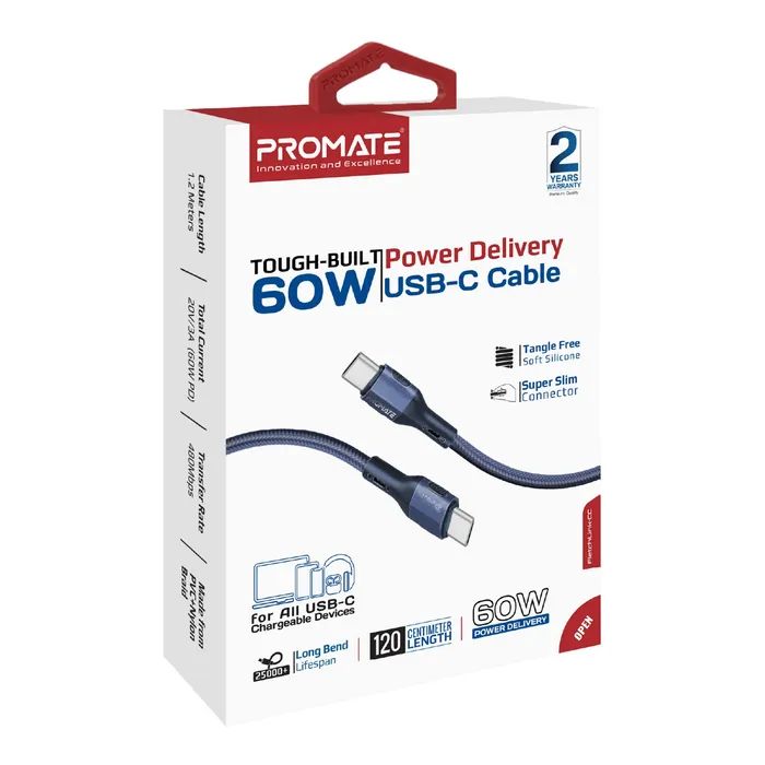 Дата кабель USB-C to USB-C 1.2m 60W PD FletchLink-CC blue Promate (fletchlink-cc.blue) зображення 2