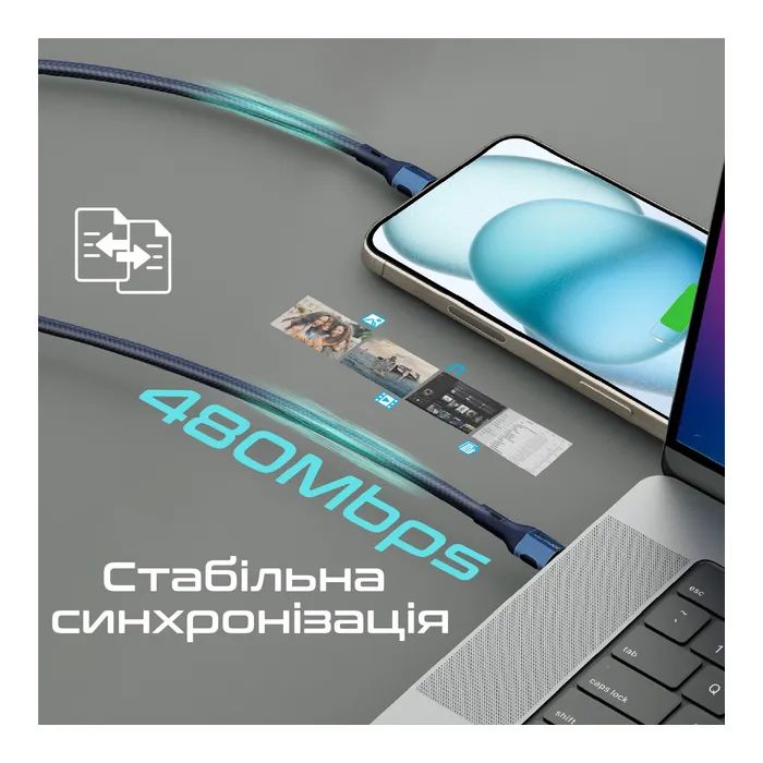 Дата кабель USB-C to USB-C 1.2m 60W PD FletchLink-CC blue Promate (fletchlink-cc.blue) зображення 4