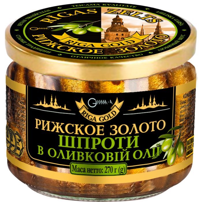 Рыбные консервы Ризьке золото Шпроты в оливковом масле 270 г с/б (4820062447492)
