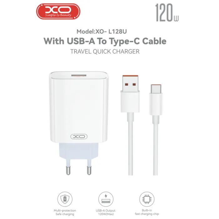 Зарядное устройство XO USB 120W + cable USB to USB-C white (XO-L128U) изображение 2 Зарядное устройство XO USB 120W + cable USB to USB-C white (XO-L128U) изображение 2