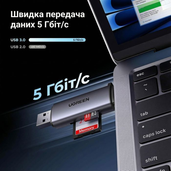 Зчитувач флеш-карт Ugreen USB-C + USB to TF/SD 3.0 CM185 gray (50706) зображення 9