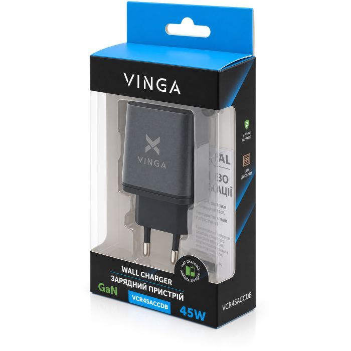 Зарядний пристрій Vinga 2xUSB-C + USB-A Display 45W (VCR45ACCDB) зображення 10