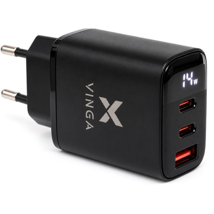 Зарядний пристрій Vinga 2xUSB-C + USB-A Display 45W (VCR45ACCDB)