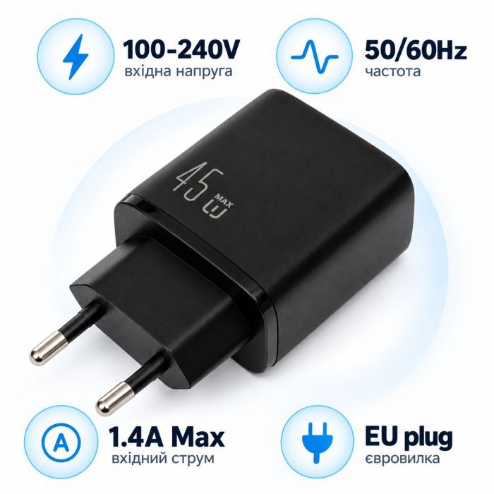 Зарядний пристрій Vinga 2xUSB-C + USB-A Display 45W (VCR45ACCDB) зображення 2