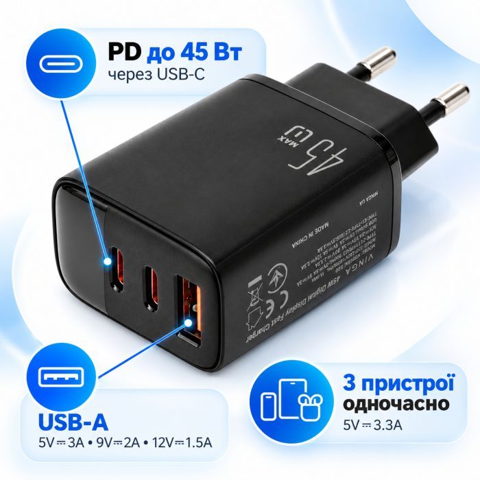 Зарядний пристрій Vinga 2xUSB-C + USB-A Display 45W (VCR45ACCDB) зображення 3
