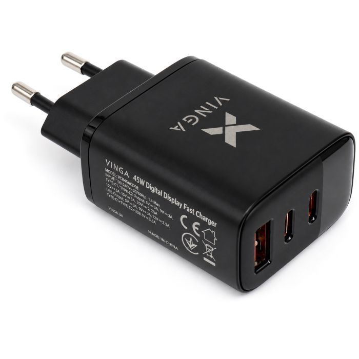 Зарядний пристрій Vinga 2xUSB-C + USB-A Display 45W (VCR45ACCDB) зображення 5
