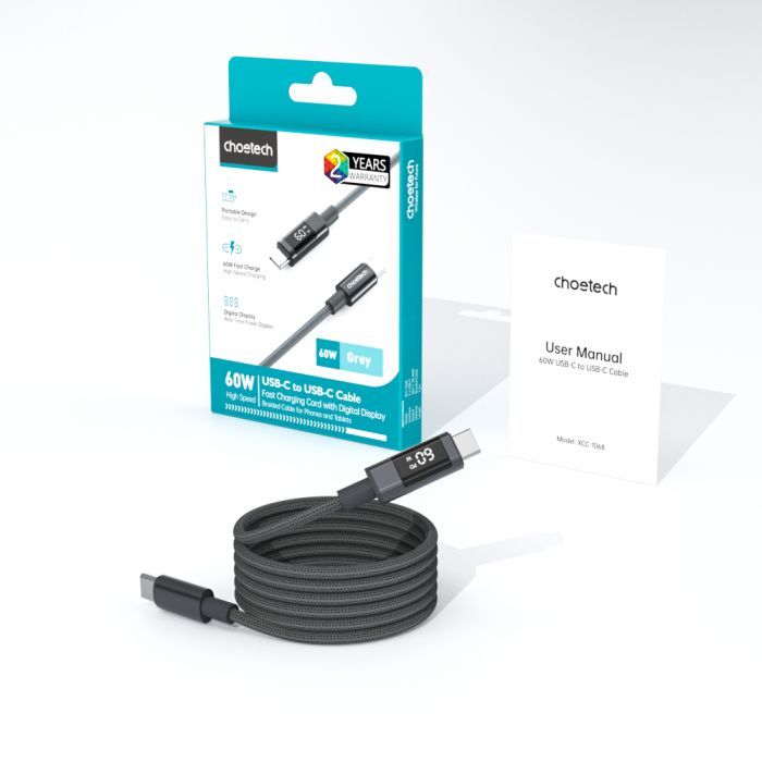 Дата кабель USB-C to USB-C 1.2m PD60W digital display nylon gray Choetech (XCC-1068-GY) изображение 3