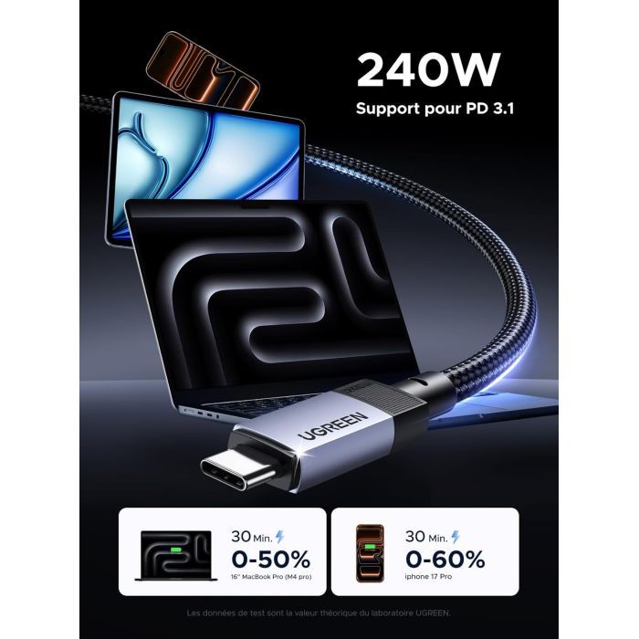 Дата кабель USB-C to USB-C 2.0m 240W 10Gbps braided black Ugreen (95619) изображение 3