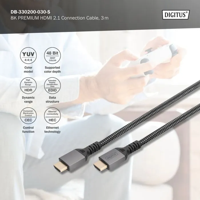 Кабель мультимедийный HDMI M to HDMI M 3.0m V2.1 8K60Hz 48Gbps black Digitus (DB-330200-030-S) изображение 5