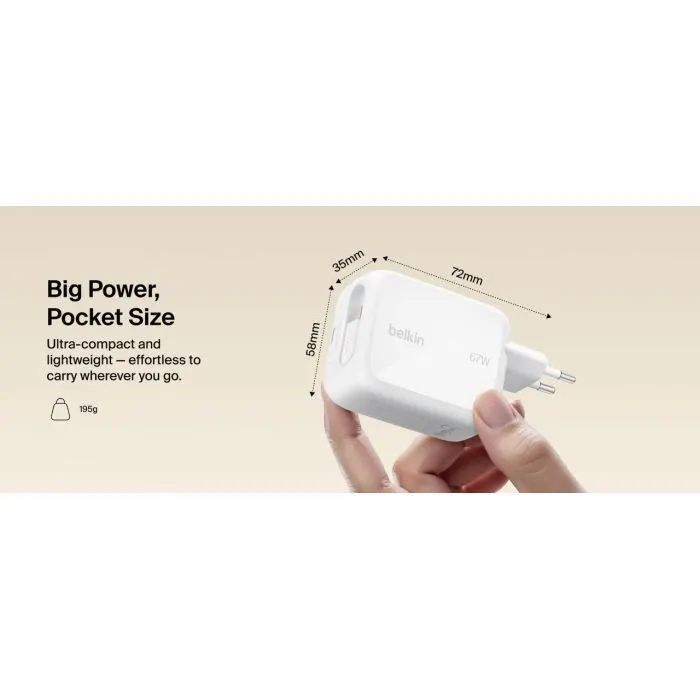 Зарядное устройство Belkin 2xUSB-C 67W GaN PD3.2 PPS + built-in cable USB-C 1.0m white (WCH022KQWH) изображение 8