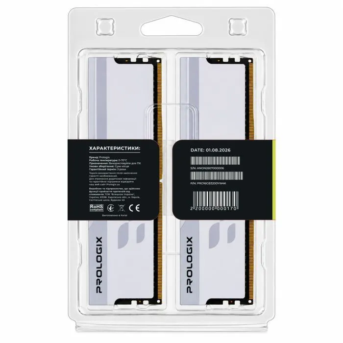 Модуль памяти для компьютера DDR4 16GB (2x8GB) 3200 MHz Onyx White Prologix (PRO16GB3200YW4K) изображение 5