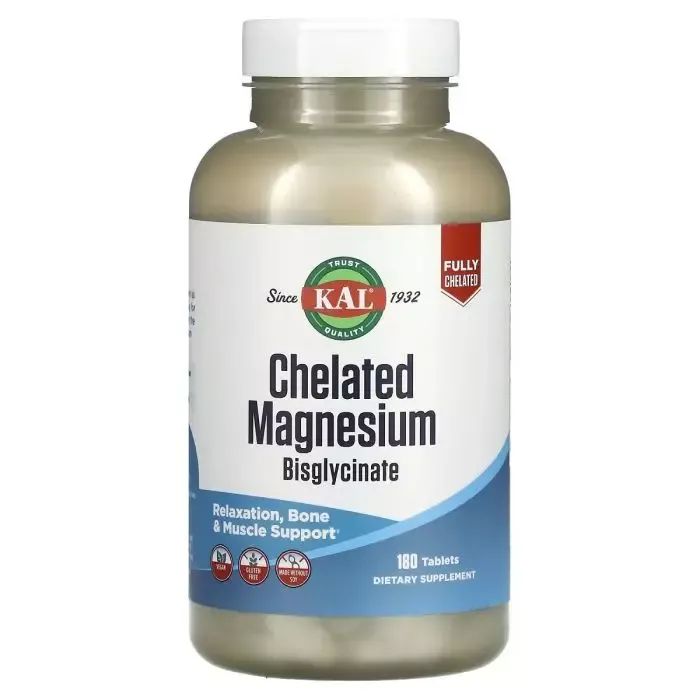 Минералы KAL Магний хелатный бисглицинат, Chelated Magnesium Bisglycinate, 180 табл (CAL-58646)