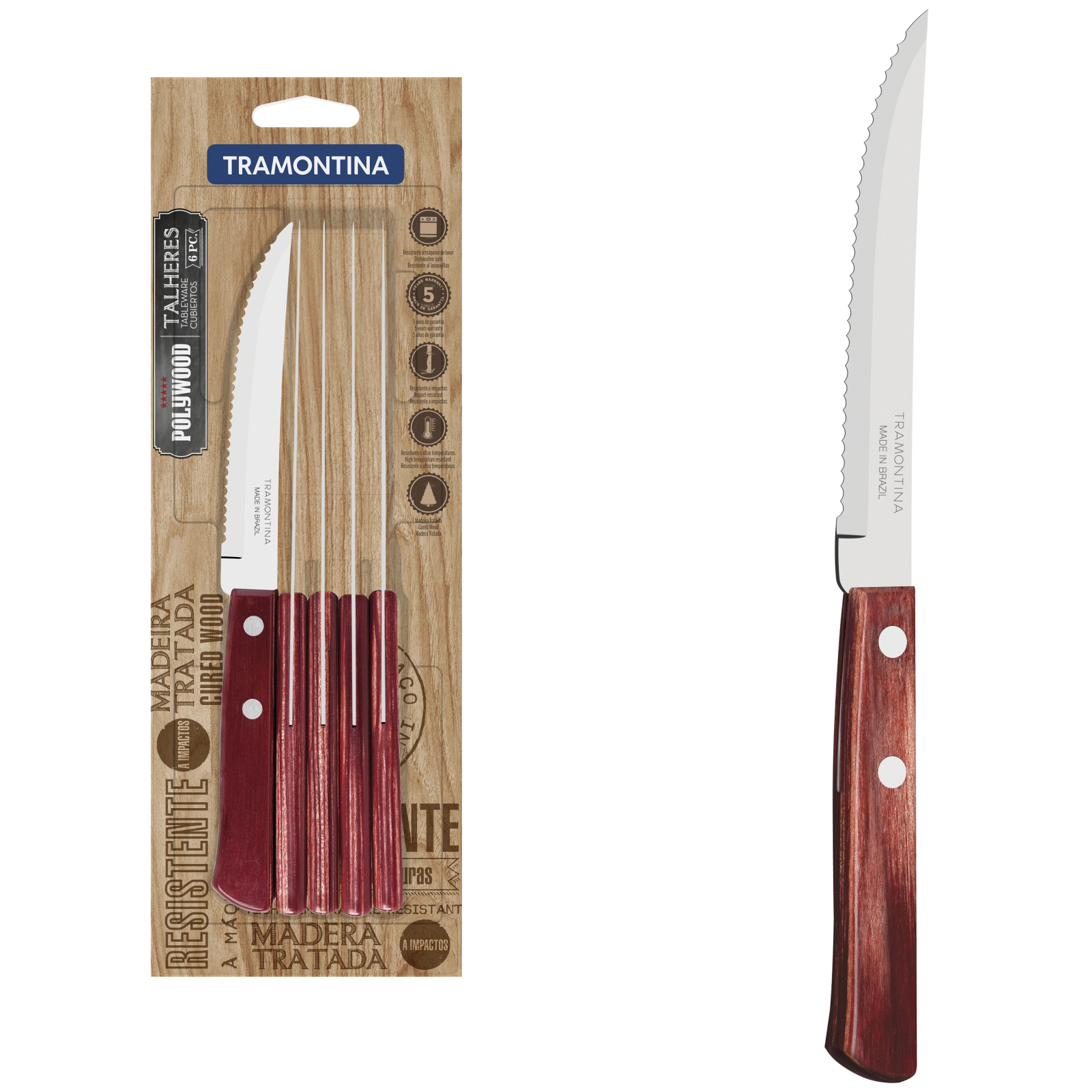 Столовый нож Tramontina Polywood для стейка 127 мм 6 шт Червоне дерево (21100/675) изображение 3