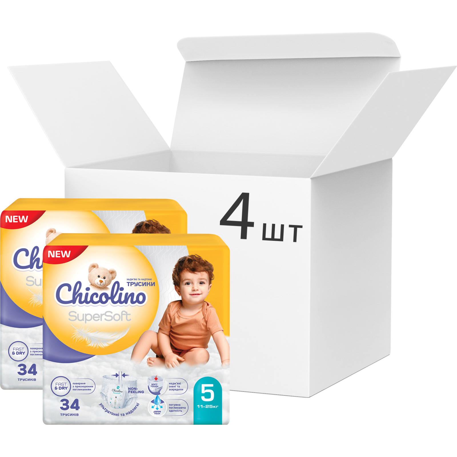 Подгузники Chicolino Super Soft Размер 5 (11-25 кг) 34 шт, 4 Упаковки (4823098414667) изображение 8
