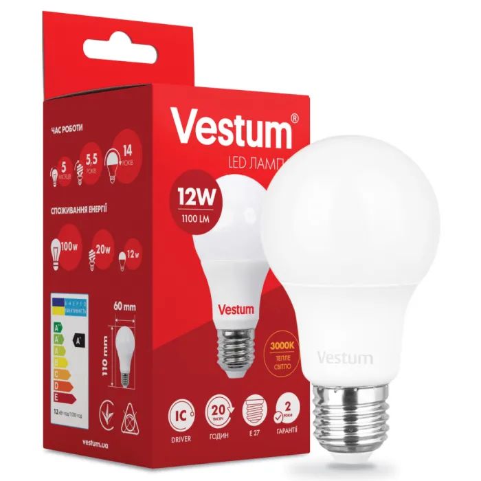 Лампочка Vestum A60 12W 3000K 220V E27 (1-VS-1104) зображення 2