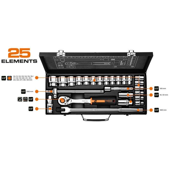 Набор головок Neo Tools 25шт, 1/2", CrV, металлический кейс (10-036) изображение 2