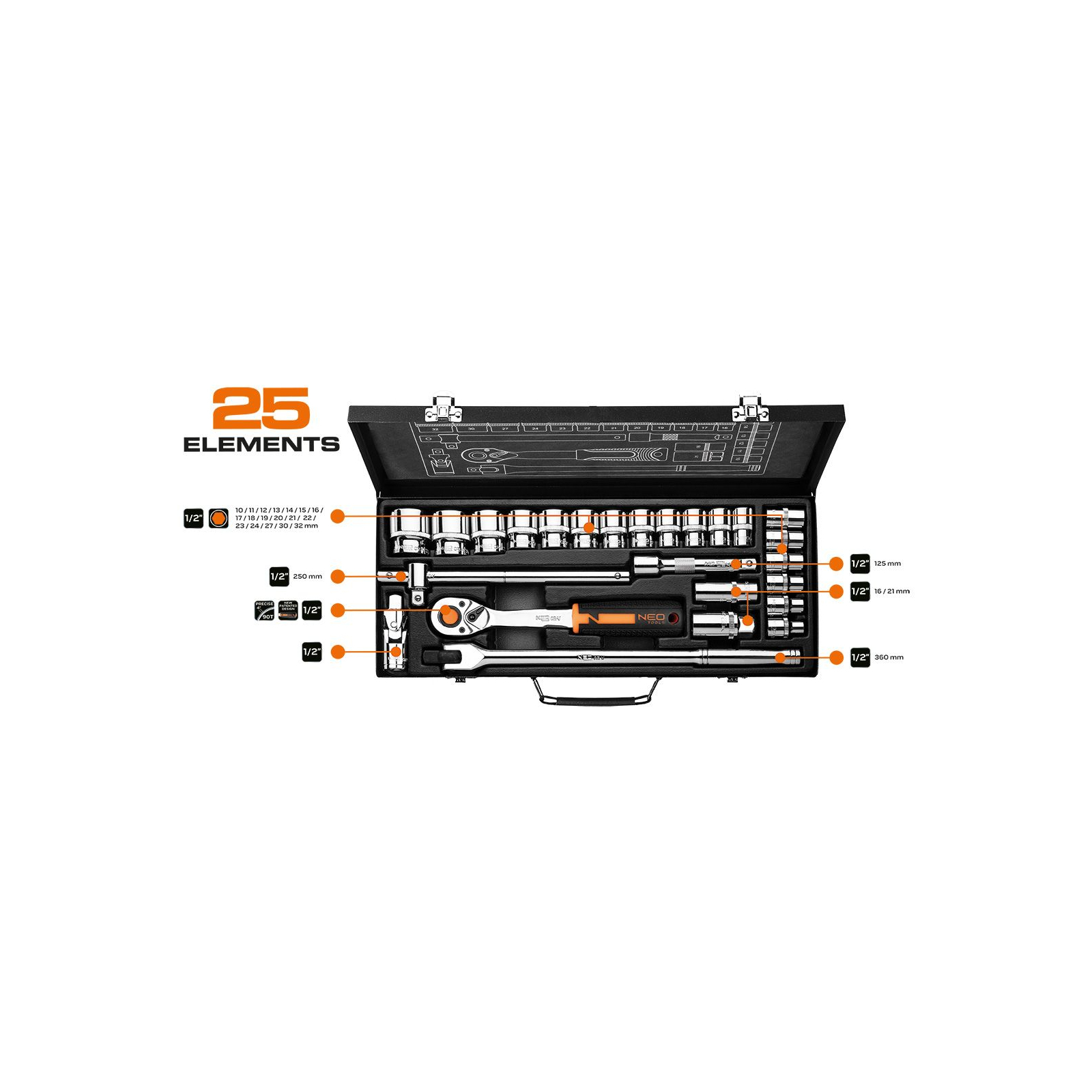 Набір головок Neo Tools 25шт, 1/2", CrV, металевий кейс (10-036) зображення 2