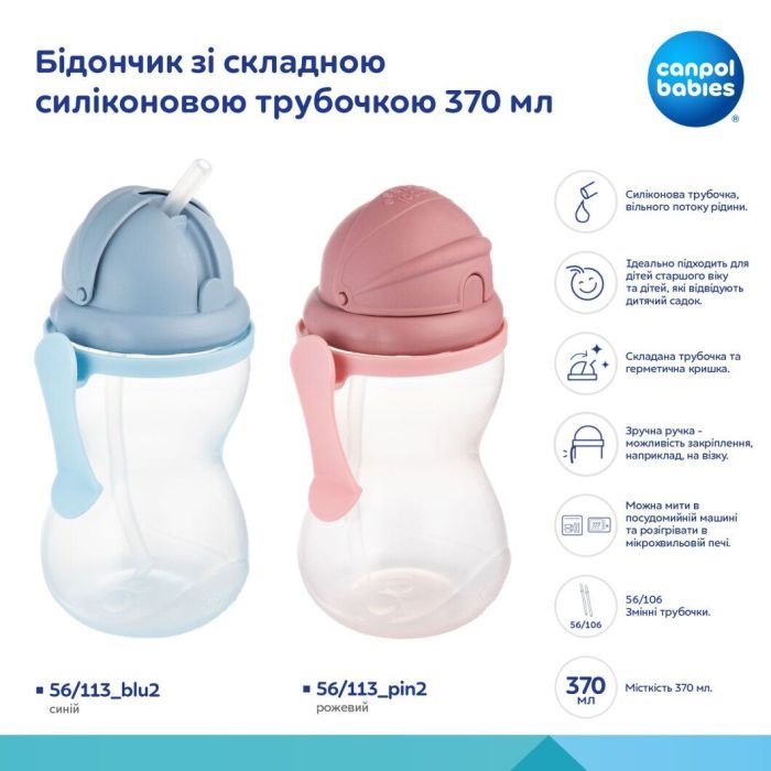 Поїльник-непроливайка Canpol babies зі складною силіконовою трубочкою, синя 370 мл (56/113_blu2) зображення 6