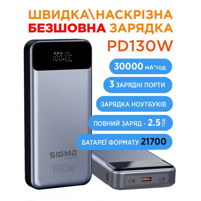 Батарея универсальная Sigma X-power SI30A7QLX 30000mAh, PD/130W, LED, cable 100w, silver (4827798479117) изображение 7