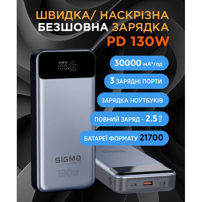 Батарея универсальная Sigma X-power SI30A7QLX 30000mAh, PD/130W, LED, cable 100w, silver (4827798479117) изображение 9