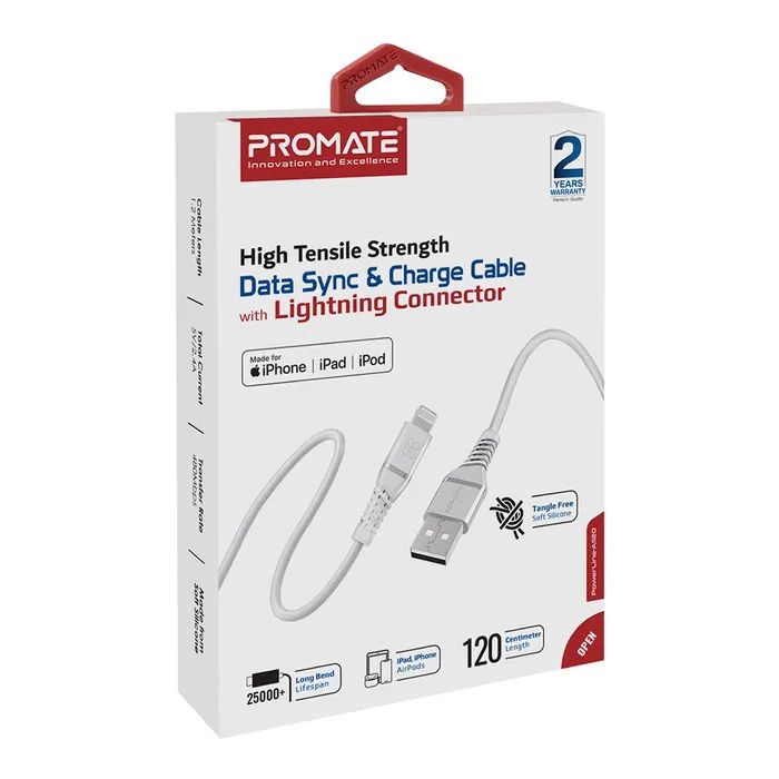 Дата кабель USB 2.0 AM to Lightning 1.2m 2.4A MFi PowerLine-Ai120 white Promate (powerline-ai120.white) изображение 2